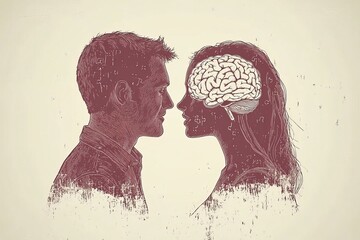 Sticker - Brain connectivity Neurotransmission Silhouette of a man and woman with detailed brain illustrations symbolizing the deep emotional and mental connection in relationships