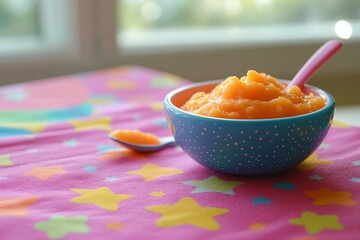 Bright and Colorful Baby Food Bowl in a Modern Kitchen with Vibrant Decor New Beautiful Stock Image Illustration AI