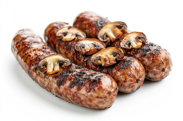 grilled sausages with mushrooms, isolated on a white background.