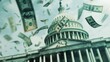 © VK Studio - Whimsical scene of dollar bills flying around the US Capitol, symbolizing money and politics, against a soft-focus background of the iconic building.