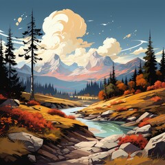 Sticker - Crisp Autumn Colors Highlighting Alpine Peaks in a Beautiful Vector Illustration