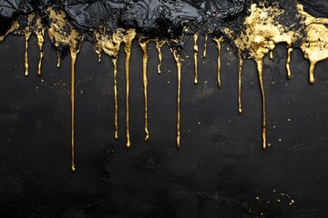 Golden liquid paint elegantly drips on dark black background, creating luxurious design with space for creative touch. Let creativity flow with shiny fluid pattern exuding style and sophistication