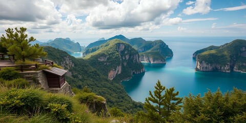 Wall Mural - A picturesque view of a lush, mountainous island.