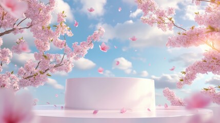 3D white cylindrical podium with cherry blossoms,pink sakura theme product display background,spring season,exhibition gallery display,vector podiums,Product presentation realistic podium,platform.