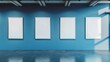 © VK Studio - Four blank white frames are neatly mounted on a bright blue wall, with light spilling in, creating a stylish and modern gallery display.