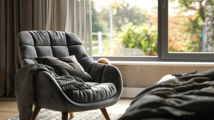 Wall Mural - Contemporary gray chair next to a sunny bedroom window with a dark gray blanket on the bed