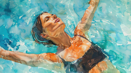 A woman floats serenely on her back in crystal-clear water, basking in the warm sunshine and tranquility