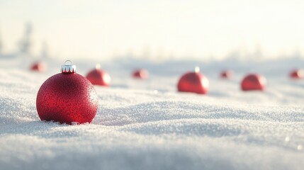 Wall Mural - red christmas balls in snow, xmas decoration in empty white winter landscape with advertising space