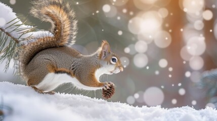 Squirrel in winter snow holding pine cone. Snowflakes and warm bokeh lights glowing. Winter forest setting. Cute squirrel with fluffy tail.