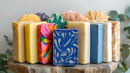 Poster - Vibrant Soap Art, an artistic arrangement of colorful soap bars showcasing bold hues and intricate designs, inviting a sense of creativity and beauty.