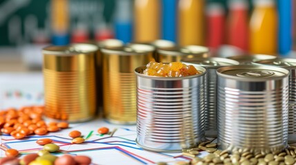 An open tin can filled with vibrant fruit candies stands among various colorful pills and capsules, symbolizing health and nutrition. Bright and engaging, perfect for concepts of wellness and food.