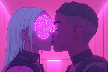 Wall Mural - Mental cognition Executive functions Vibrant neon lit couple sharing a kiss with glowing brains representing passion emotional connection and intense mental energy