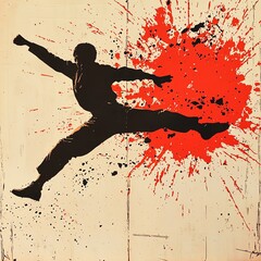 Silhouette of a man kicking through a wall with red paint splattering.