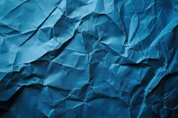 Poster - Crumpled blue paper texture with rough surface. Close-up view of folded and creased paper on dark blue background. Ideal for graphic design, digital art, or as a unique background image.
