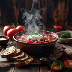 Warm earthenware bowl of beetroot soup, borsch visible swirl steaming cream. Culinary preparation