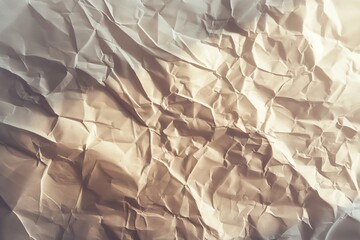 Poster - Crumpled white paper texture with folded edges on beige background. Unique perspective of wrinkled craft paper surface. Ideal for design and art projects, creative backgrounds, or eco-friendly themes.