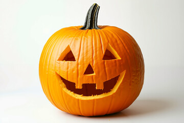 A jack-o-lantern with a carved face on a white background