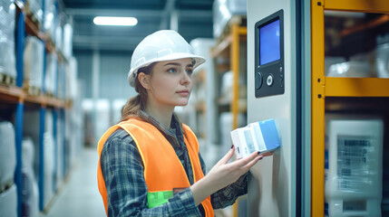 Wall Mural - A woman in a protective vest and hat opens a door in a modern warehouse, checking a blue cosmetic product against a cool temperature display in the background