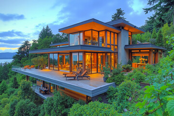 A large house with a deck in the middle of a forested area