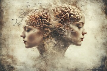 Canvas Print - Neural studies Executive functions Surrealistic fantasy portrait of two women with intertwined brain structures symbolizing deep intellectual connection and imaginative thought processes