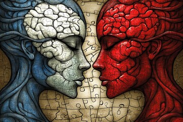 Poster - Brain circuitry Executive functions Detailed vintage style illustration of two profiles with mechanical brain elements symbolizing cognitive complexity intellect and human machine integration