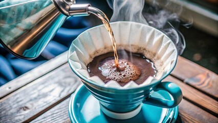 Advertising -photo of coffee drip bag, hot water pouring 