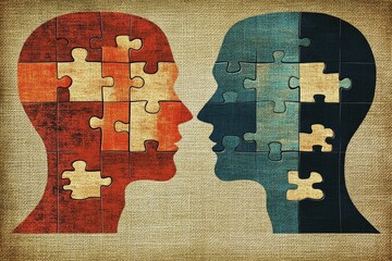 Poster - Mental cognition Synapses Silhouette heads with puzzle pieces and gears representing problem solving intellectual compatibility and teamwork in relationships