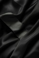 Poster - Black fabric close-up shows subtle sheen, folded with tear on left side. Soft shiny material possibly silk or satin, blurred background focuses on fabric and imperfection.