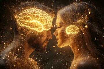 Poster - Neuroscience Synapses Romantic glowing couple with neural connections symbolizing deep emotional and intellectual bonding between partners