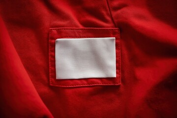 Poster - Red fabric with white label close-up. Clothing item possibly shirt or jacket with wrinkle on left side. Blurred background suggests room or workspace. Label slightly tilted with small hole in center.
