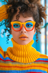 Sticker - A woman with curly hair wearing a colorful sweater and orange glasses