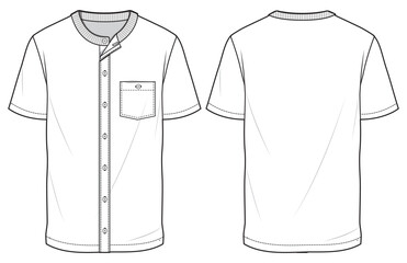 Poster - Men's Button down Crew neck T Shirt flat sketch fashion illustration drawing template mock up with front and back view, button front round neck t-shirt vector template