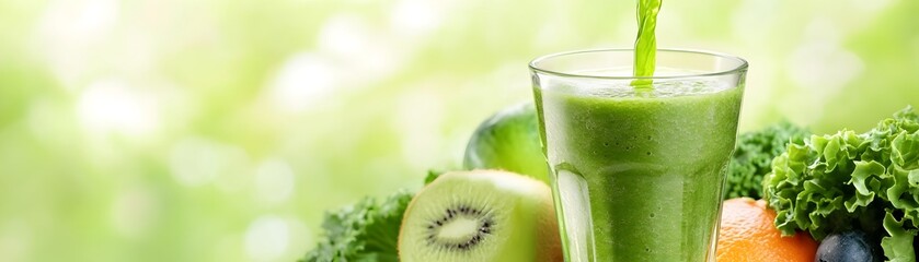 Vibrant Green Superfood Smoothie Poured Into Glass with Fresh Produce