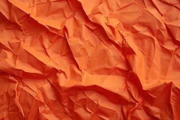 Poster - Crumpled orange fabric texture with rough wrinkles folds. Close-up view of paper poster background with prominent edges corners. Orange brown colors dominate image adding depth dimension.