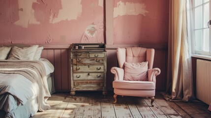 Poster - Retro armchair, vintage chest, and bed in a cozy bedroom with pink walls and painted wooden floor