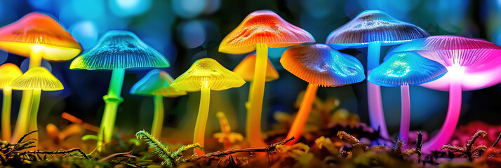 Wall Mural - Colorful glowing mushrooms in a forest. Fantasy, nature, magic, surreal.
