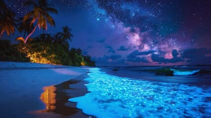 A stunning tropical beach illuminated by glowing bioluminescent waves under a star-studded sky and the Milky Way galaxy.