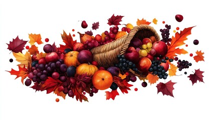 Cornucopia clipart, Thanksgiving element, watercolor illustration, sharp lines, filled with fruits and vegetables, isolated on white background