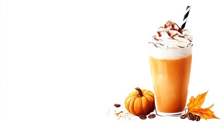 Pumpkin spice latte clipart, Thanksgiving drink element, watercolor illustration, sharp outlines, coffee with whipped cream, isolated on white background