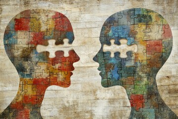 Poster - Brain cognition Cerebellum Puzzle filled human heads facing each other symbolizing problem solving intellectual compatibility and the complexity of relationships