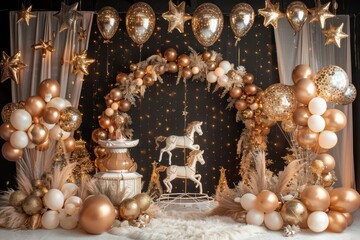 Wall Mural - A gold and white themed birthday party with a horse and carriage theme