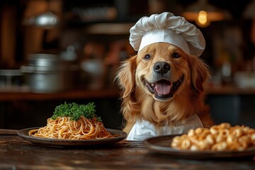 Happy golden retriever chef with a plate of spaghetti and croissants in a cozy restaurant Generative AI