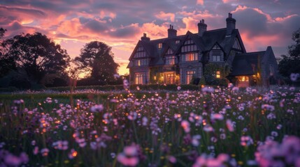 Charming old house surrounded by blooming flowers at dusk, showcasing beauty of nature and architecture together in harmony.