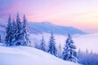 © Gelpi - Winter landscape with snow-covered trees on a mountain at sunrise under a pink and purple sky Generative AI