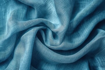 Aufkleber - Close-up of blue fabric with unique texture pattern. Lightweight material possibly cotton or linen folded to showcase intricate lines and swirls. Blurred background emphasizes fabric details.