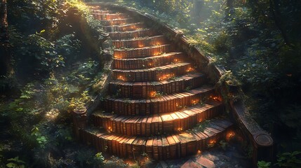 Wall Mural - A winding staircase made of books leads up into a sunlit forest.