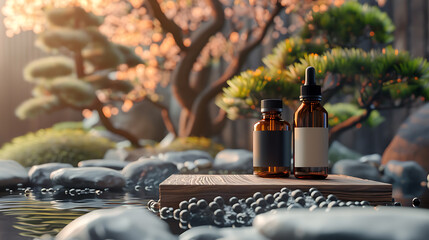 Two amber bottles with black labels sit on a wooden platform in a zen garden setting.