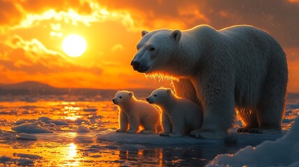 Wall Mural - A mother polar bear and her cubs stand on an ice floe as the sun sets in the Arctic.