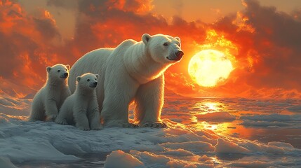 Wall Mural - a mother polar bear and her two cubs stand on a patch of ice in the arctic, watching the sunset.