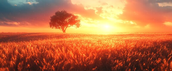 Wall Mural - a single tree stands in a field of golden wheat at sunset.
